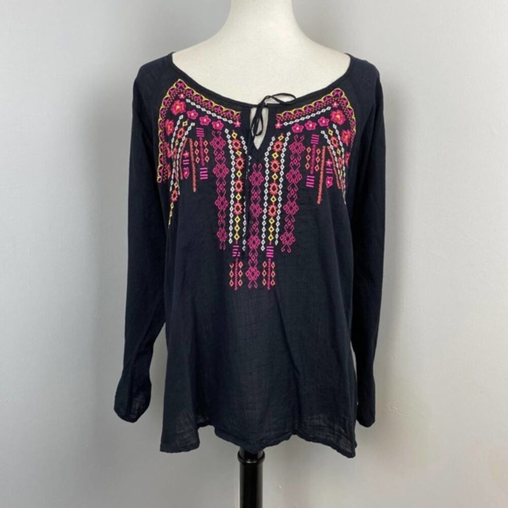 Panhandle Slim Black Boho Embroidered Long Sleeve Top Large Western